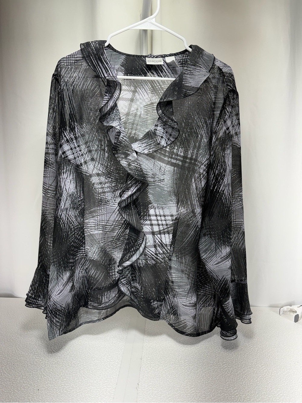 Chico's Black & Gray Ruffle-Front Sheer Blouse 4617